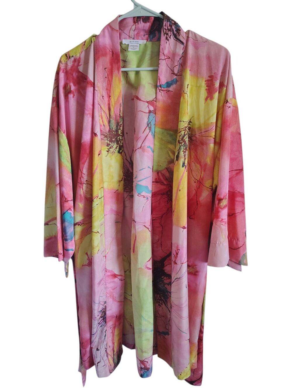 Natori Private Luxuries XL Watercolor Floral Satin Kimono Robe Pink Belted